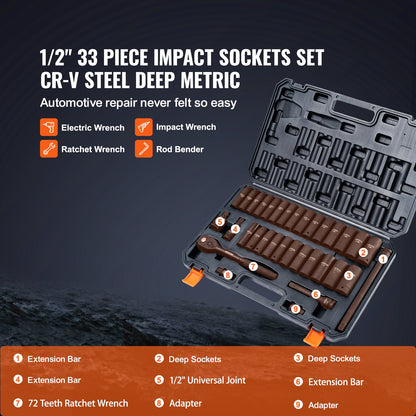 33Pcs 1/2" Drive Impact Socket Set